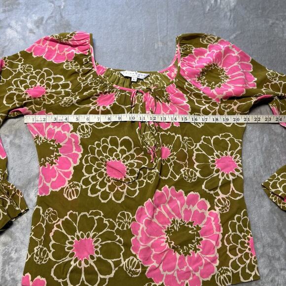 Trina Turk Los Angeles Floral Blouse Olive Green Pink SZ L Boho Peasant Top - Picture 5 of 10